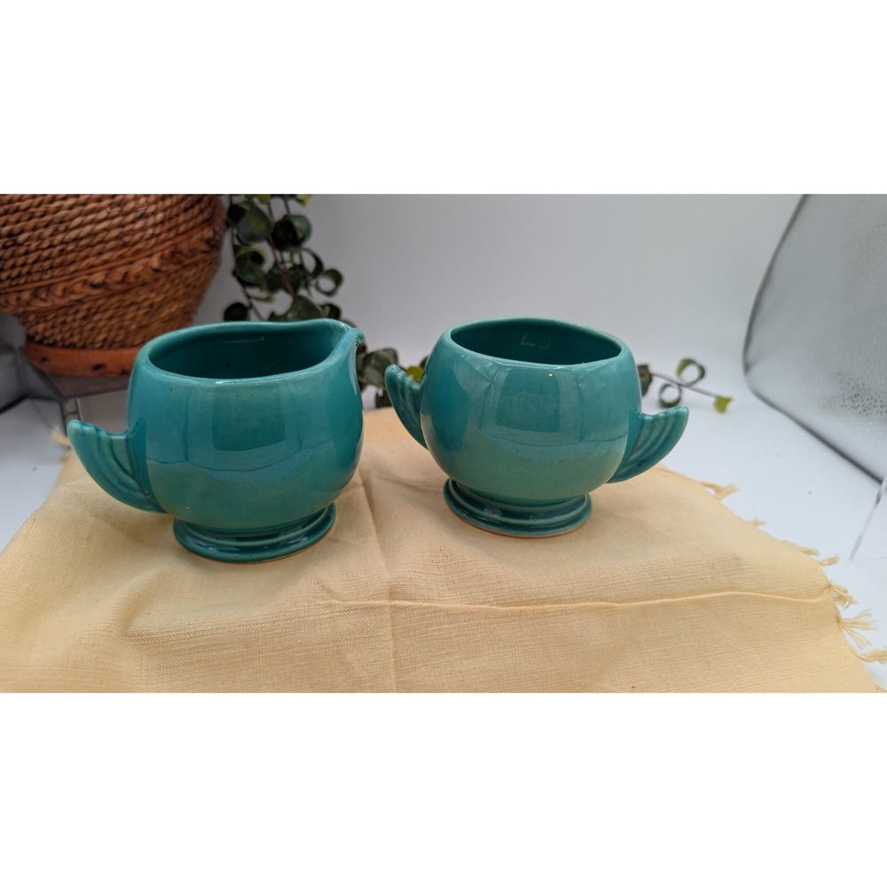 Vintage Art Deco Teal Ceramic Creamer & Sugar Bowl - Wing Handles & Retro Glaze